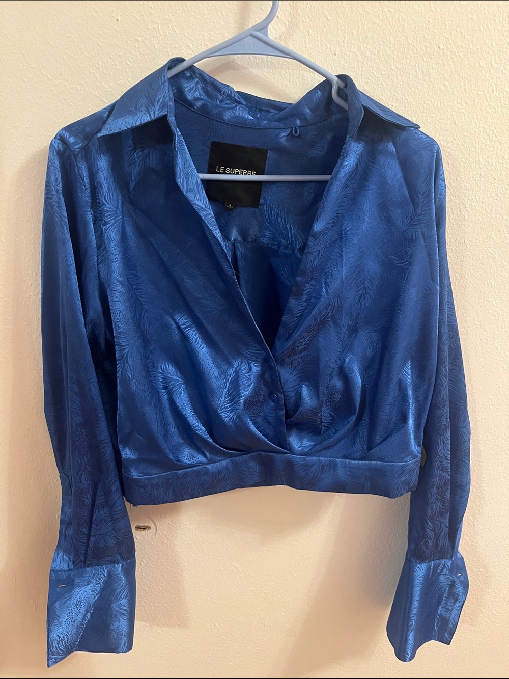 Le Superbe Royal Blue Satin Wrap Button-Down Top